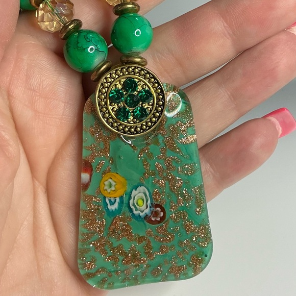 Beautiful Green Glass Beads with a Large Millefiore Pendant - Picture 3 of 7